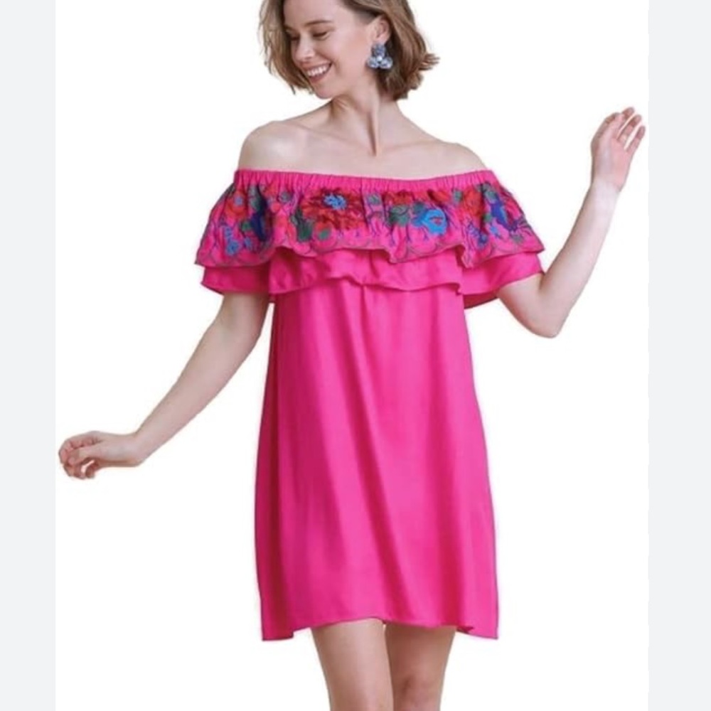 Umgee Embroidered Ruffle Off The Shoulder Dress Large Fuchsia